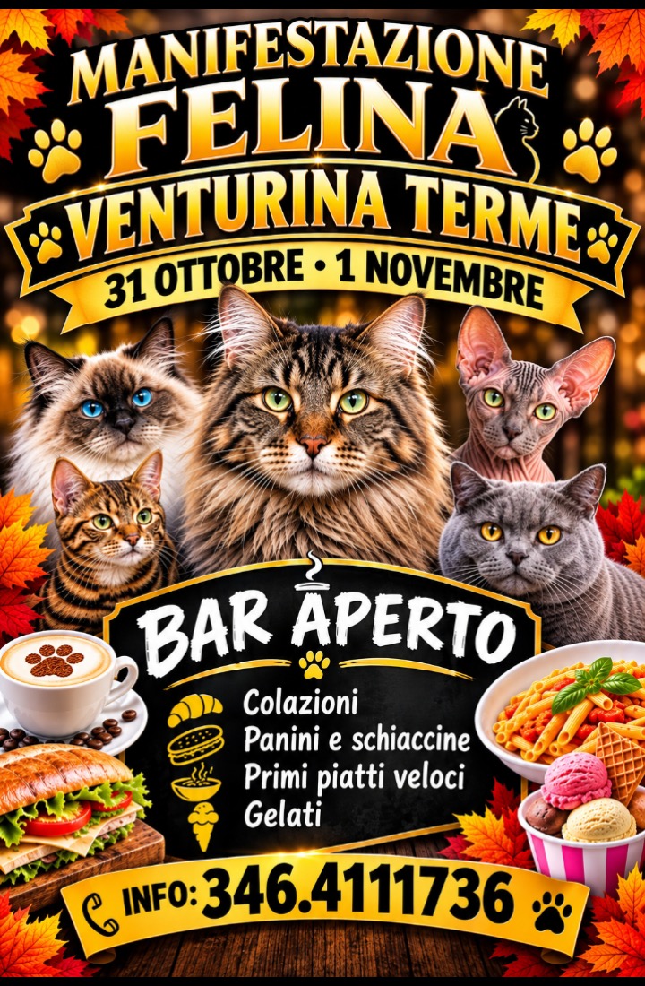 Volantino del Bar Ristoro della manifestazione felina con l'elenco dei cibi offerti